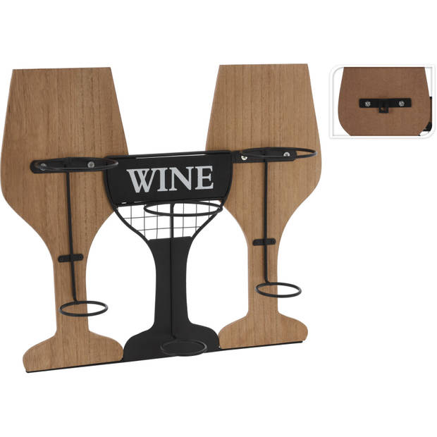 Metalen/houten wijnflessen rek/wijnrek in de vorm van 2 wijnglazen voor 3 flessen 35 x 15 x 31 cm - Wijnrekken