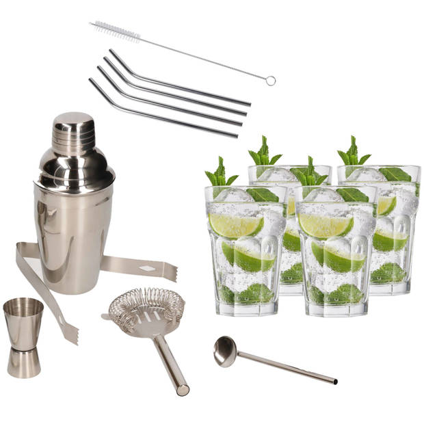 Cocktailshaker set RVS 5-delig inclusief 4x cocktailglazen 410 ml met 4x RVS rietjes - Cocktailshakers