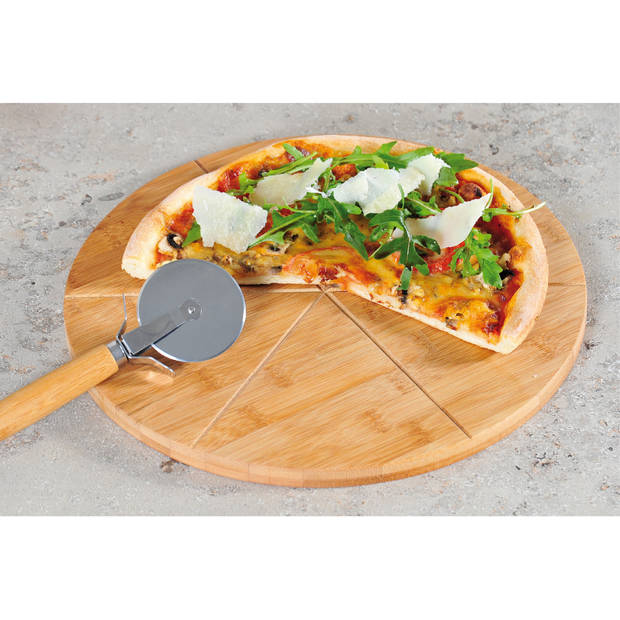 Kesper pizza serveerplank met pizzasnijder - bamboe/hout - 32 cm - rond - snijplank/keukenhulpje - Serveerplanken