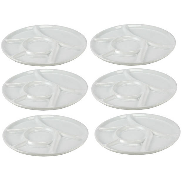 6x Witte fondue/gourmet/bbq borden 22,7 cm 6 vakken - Gourmetborden
