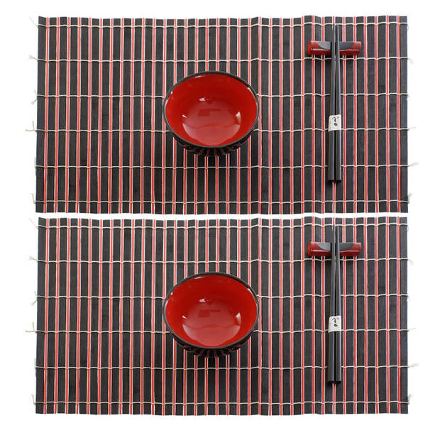 8-delige luxe sushi serveer set keramiek voor 2 personen zwart/rood - Bordjes