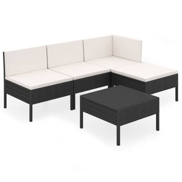 vidaXL 5-delige Loungeset met kussens poly rattan zwart