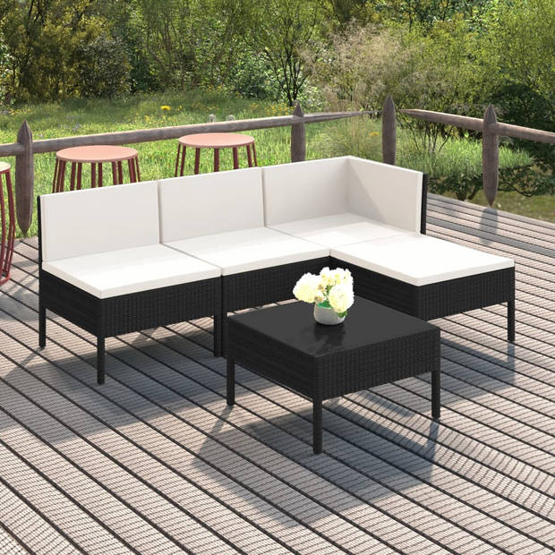 vidaXL 5-delige Loungeset met kussens poly rattan zwart