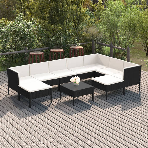 vidaXL 10-delige Loungeset met kussens poly rattan zwart