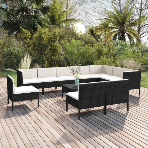 vidaXL 11-delige Loungeset met kussens poly rattan zwart