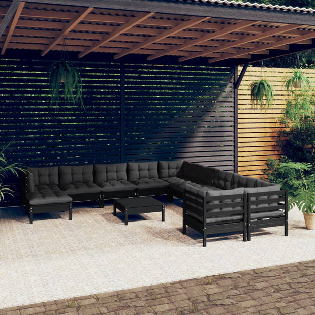 vidaXL 12-delige Loungeset met kussens grenenhout zwart