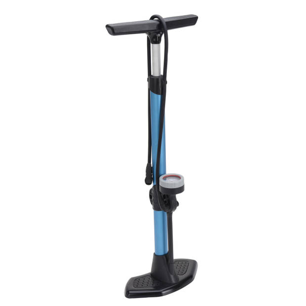 Zwart/blauwe fietsbandenpomp staand met drukmeter 67 cm - Fietspompen