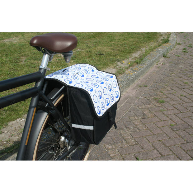 Fietstas dubbel / boodschappentas fiets zwart en wit met blauwe Hollandse print 32 liter - Fietstassen