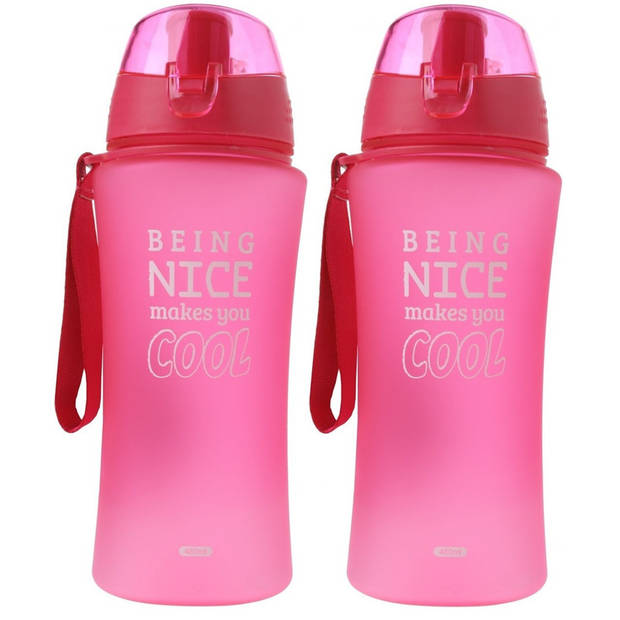 2x Roze sportfles/sportbeker met sportdop 480 ml Being nice makes you cool - Bidons