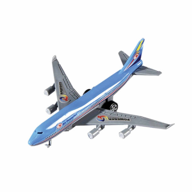 Blauw/wit speelgoed vliegtuig met pull-back functie 14 cm - Speelgoed vliegtuigen