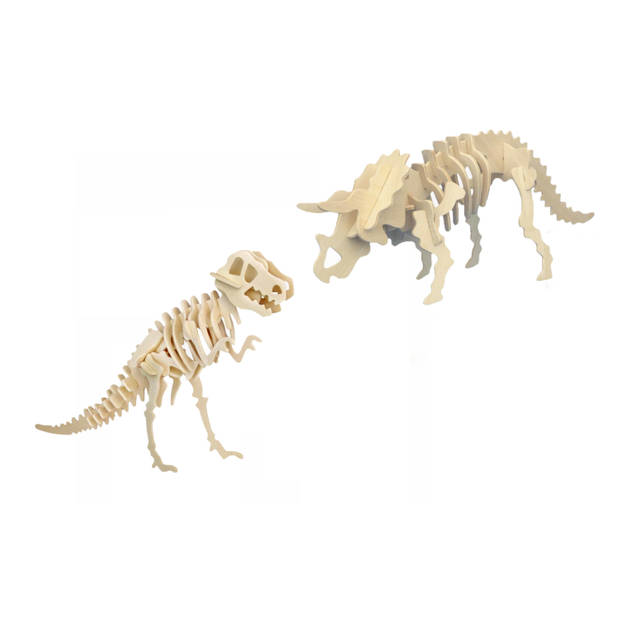 Houten 3D dino puzzel bouwpakket set T-rex en Triceratops - 3D puzzels