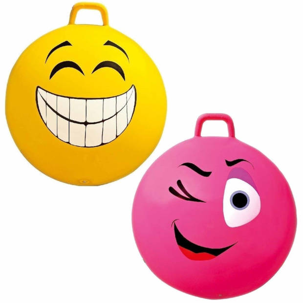 2x stuks speelgoed Skippyballen met funny faces gezicht geel en roze 65 cm - Skippyballen
