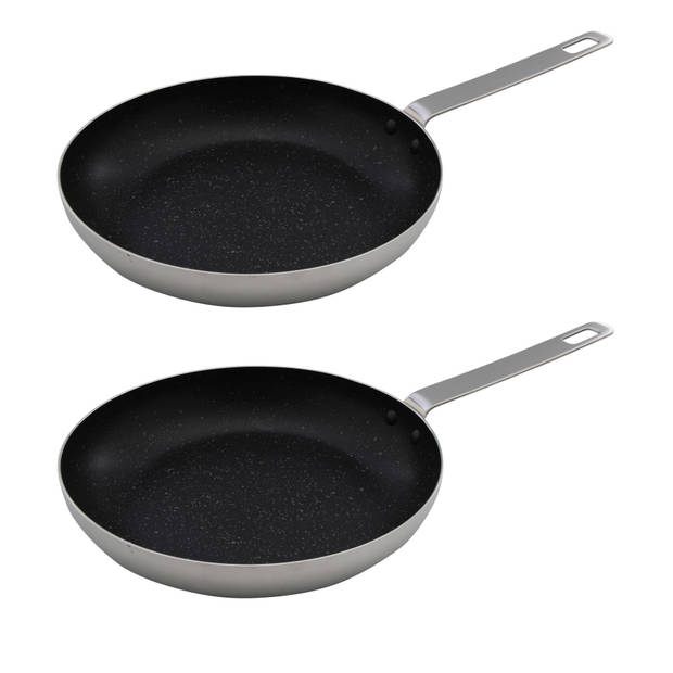 Set van 2x stuks aluminium koekenpan/hapjespan zilver met anti-aanbak laag 28 cm - Koekenpannen