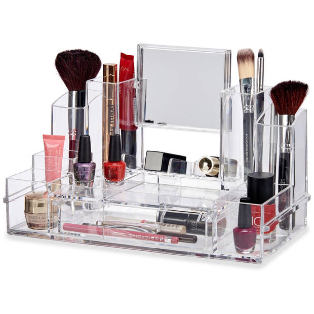 Make-up organizer/opberger 13-vaks met lade en spiegel 29 x 16 cm van kunststof - Make-up dozen