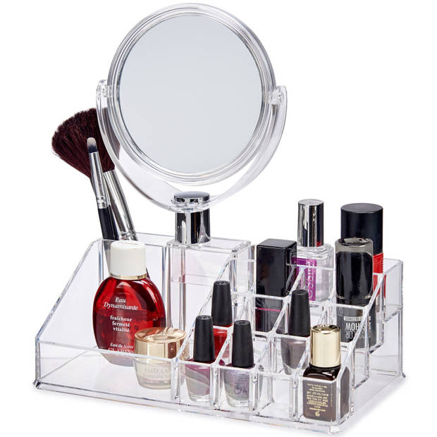 Make-up organizer/opberger 16-vaks met spiegel 22 x 12 cm van kunststof - Make-up dozen