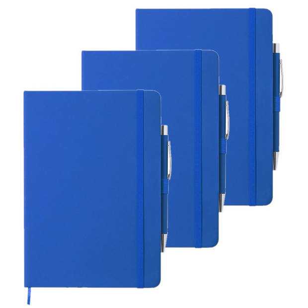 Set van 2x stuks luxe notitieboekje gelinieerd blauw met elastiek en pen A5 formaat - Notitieboek