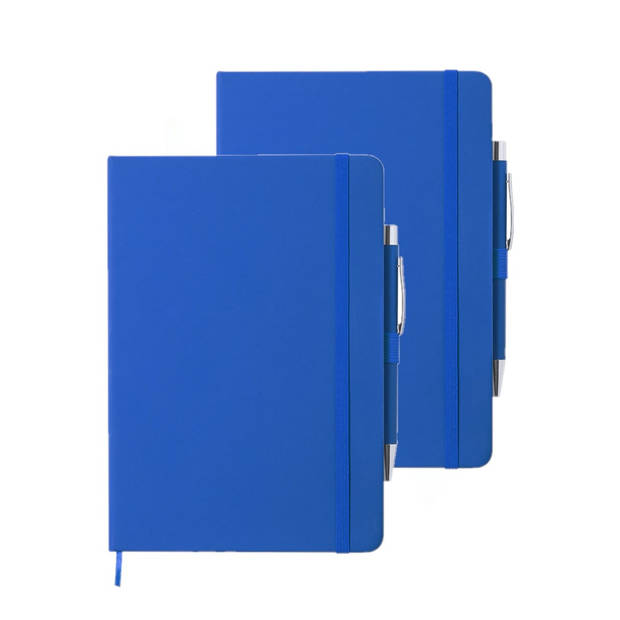 Set van 2x stuks luxe notitieboekje gelinieerd blauw met elastiek en pen A5 formaat - Notitieboek