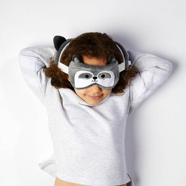 Relaxeazzz Wasbeer knuffel/reiskussen/slaapmasker - 2-in-1 set - voor kinderen - Slaapmaskers