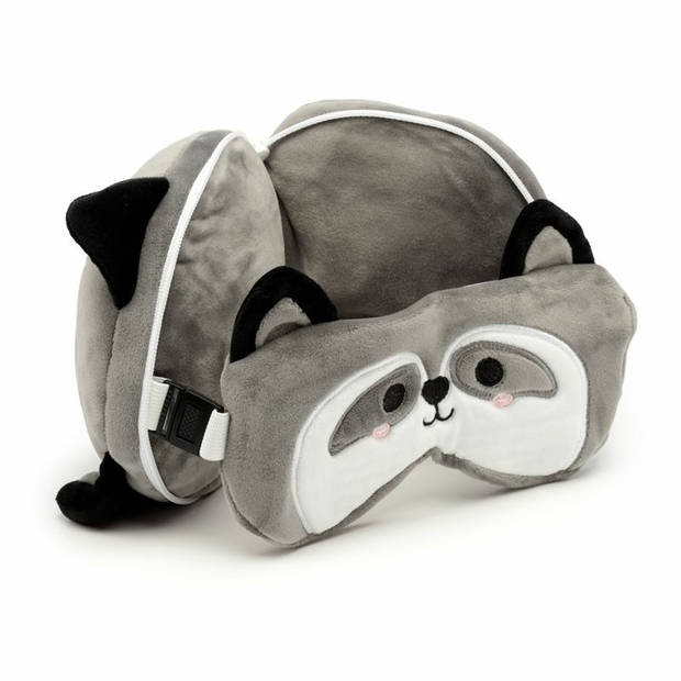 Relaxeazzz Wasbeer knuffel/reiskussen/slaapmasker - 2-in-1 set - voor kinderen - Slaapmaskers