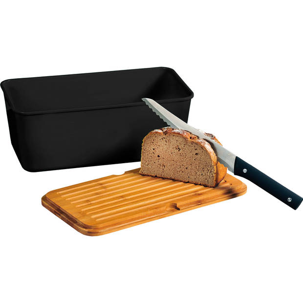 Zwarte brood bewaarbak/bewaardoos met bamboe houten snijplank deksel 18 x 34 x 14 cm - Broodtrommels