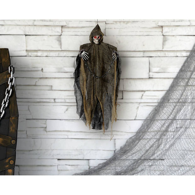 Horror hangdecoratie spook/geest/skelet pop met licht en geluid met geluidssensor 89 cm - Halloween poppen