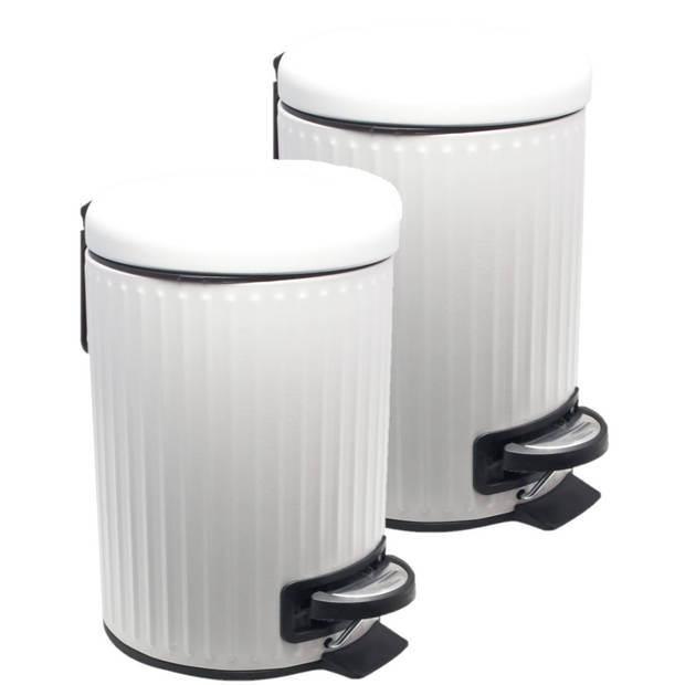 2x Witte badkamer/toilet vuilnisbakken/pedaalemmers Rvs 3 liter 26 cm - Prullenbakken