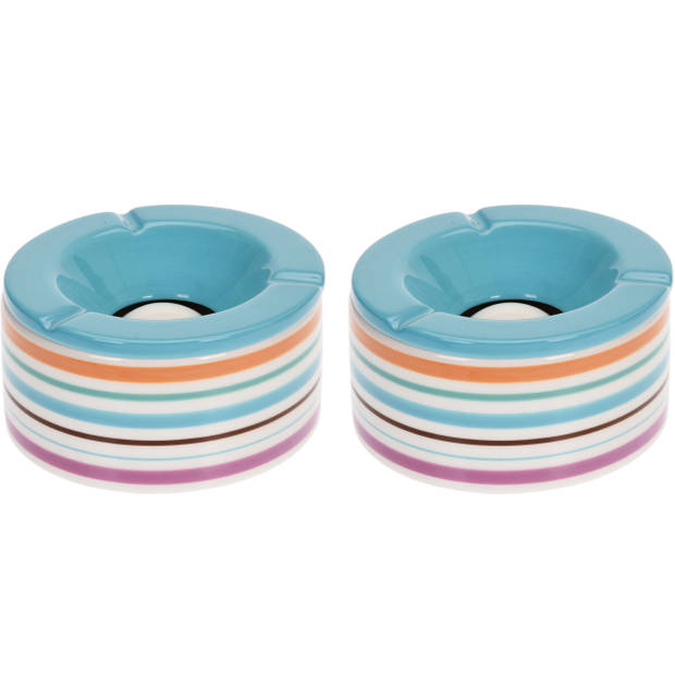 Set van 2x stuks terras asbakken/stormasbakken rond keramiek 14 x 7,5 cm blauw met streep - Asbakken