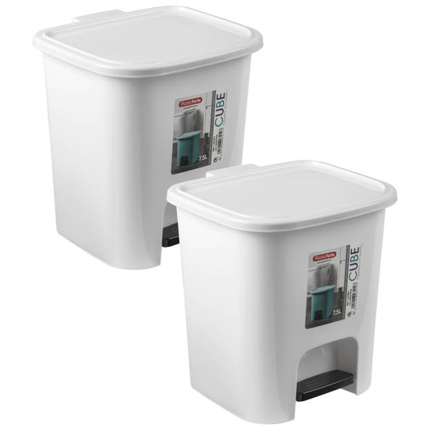 2x Stuks afvalemmer/pedaalemmer 7.5 liter met deksel en pedaal wit - Pedaalemmers