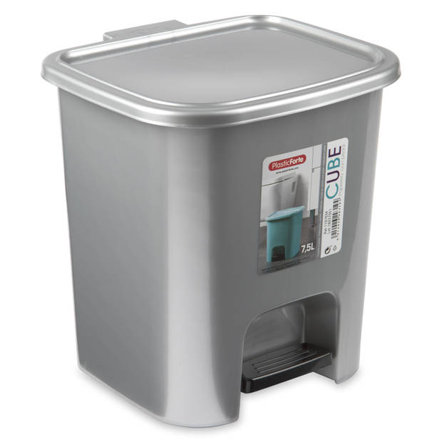 WC-/toiletborstel en houder - zilver - met kleine pedaalemmer 7.5 liter - Badkameraccessoireset