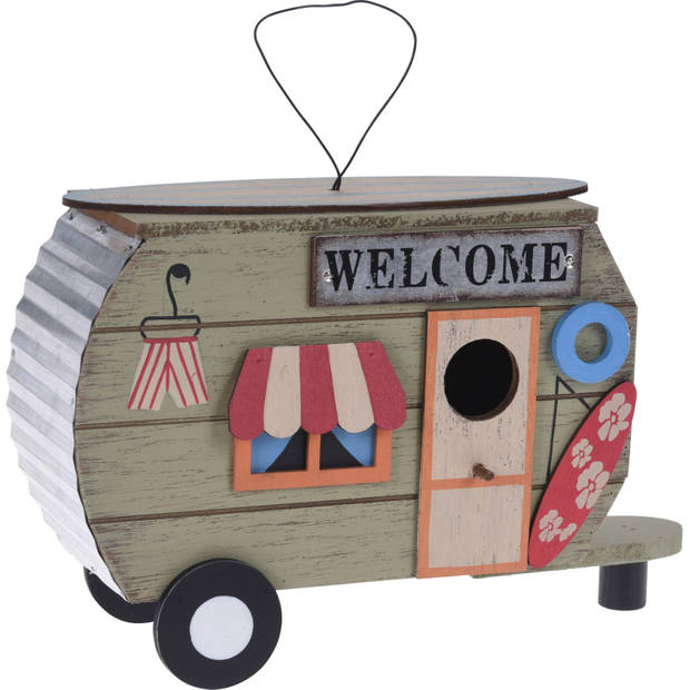 Houten vogel voeder huisje voor pindas/vetbollen caravan groen 28 x 17 x 9 cm - Vogelvoederhuisjes