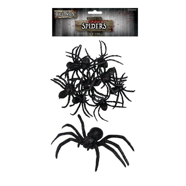 9x stuks horror griezel spinnen zwart 8 cm - Feestdecoratievoorwerp