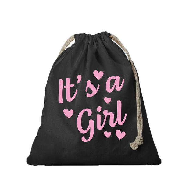 1x Katoenen kraamcadeau tasje/ cadeautasje It's a girl zwart 25 x 30 cm - cadeauverpakking feest