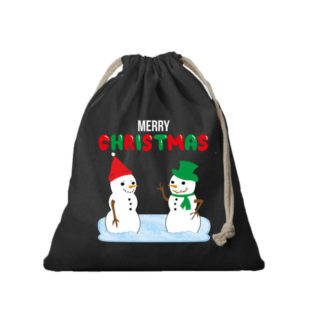 1x Kerst cadeauzak zwart Sneeuwpoppen met koord voor als cadeauverpakking - cadeauverpakking kerst