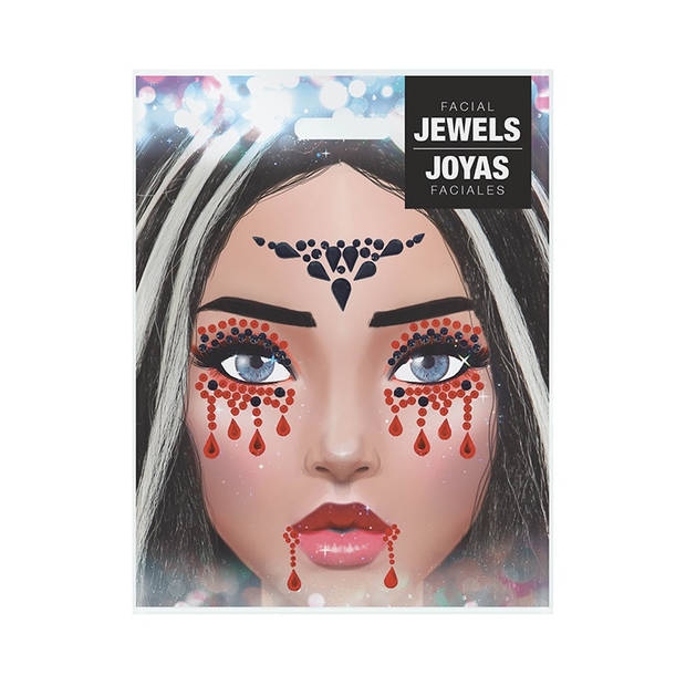 Halloween Plak diamantjes vampier gezicht versiering rood/zwart - Verkleedgezichtdecoratie