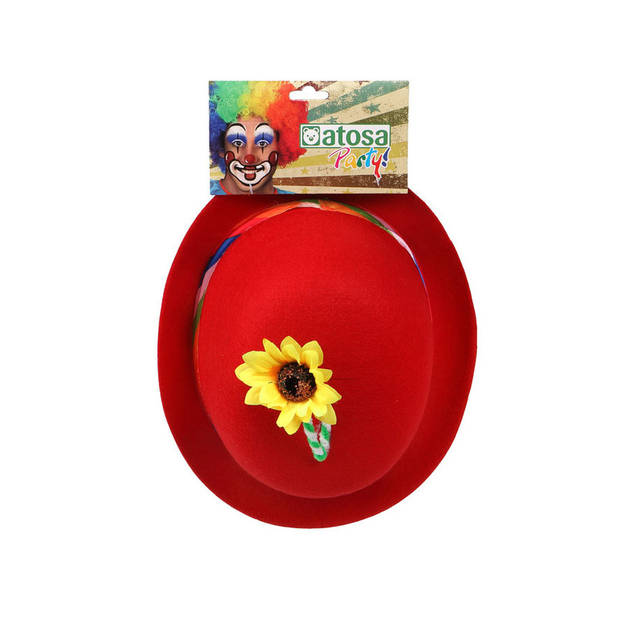 Verkleed bolhoed/clownshoedje voor volwassenen rood met bloem - Verkleedhoofddeksels