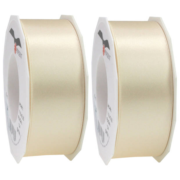 2x Luxe creme satijnen lint rollen breed 4 cm x 25 meter cadeaulint verpakkingsmateriaal - Cadeaulinten