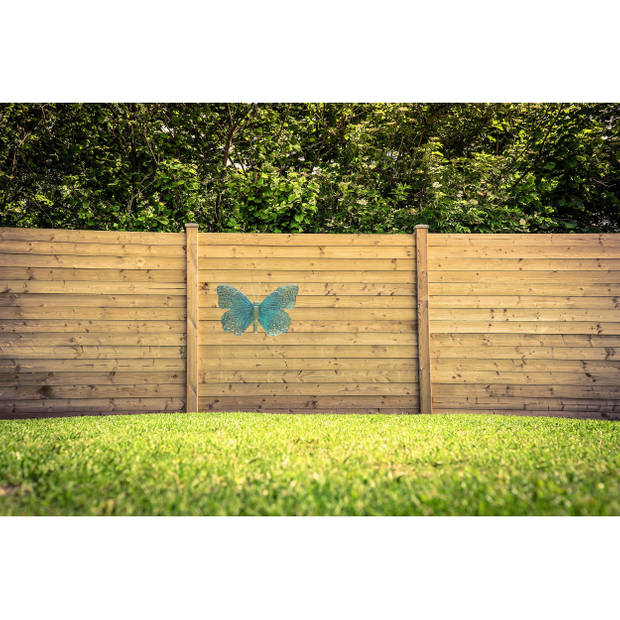 1x Turquoise/goud metalen tuindecoratie vlinder 31 cm - Tuinbeelden