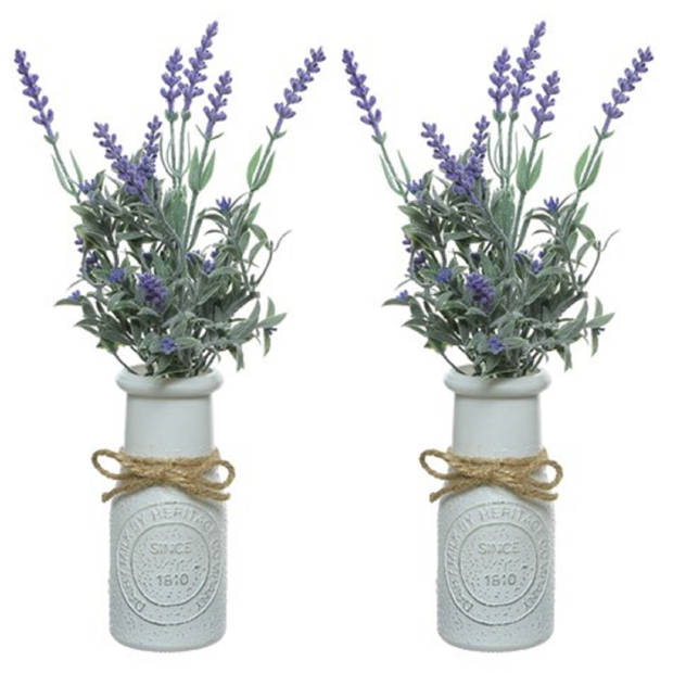 2x stuks paarse Lavendula/lavendel kunstplant 32 cm in witte pot - Kunstplanten