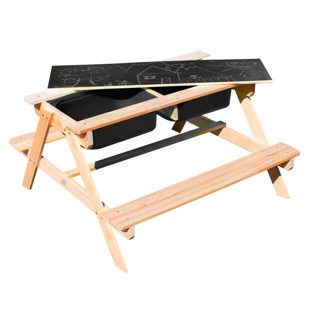 Sunny Dual Top 2.0 kinder- en waterpicknicktafel van FSC-hout, waterspeeltafel en zandtafel met deksel en blauwe