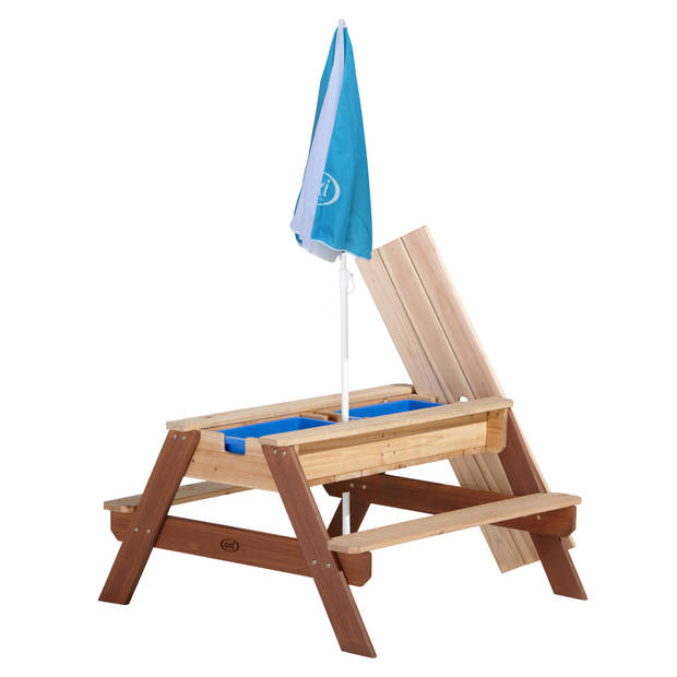 AXI Nick Picknicktafel / Zandtafel / Watertafel voor kinderen in bruin met parasol in blauw/wit Multifunctionele