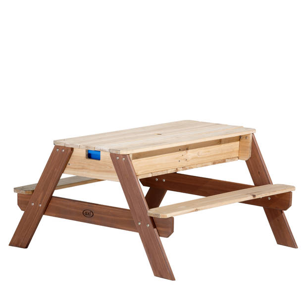 AXI Nick Picknicktafel / Zandtafel / Watertafel voor kinderen in bruin met parasol in blauw/wit Multifunctionele