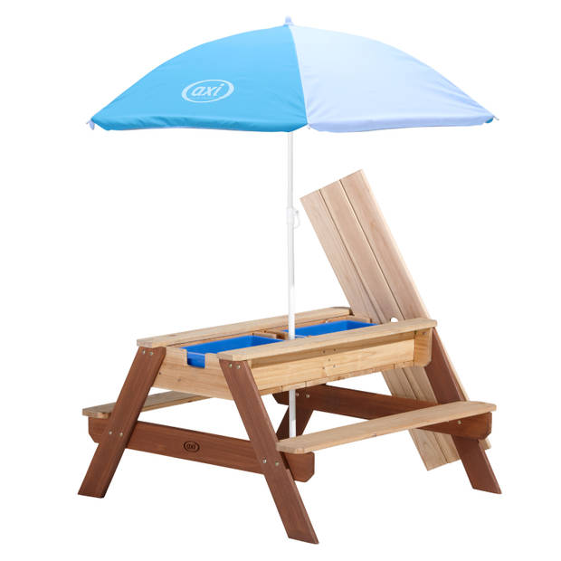 AXI Nick Picknicktafel / Zandtafel / Watertafel voor kinderen in bruin met parasol in blauw/wit Multifunctionele