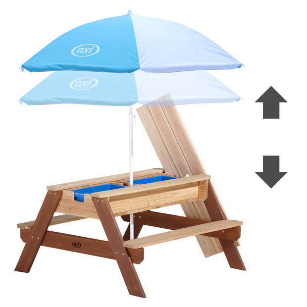 AXI Nick Picknicktafel / Zandtafel / Watertafel voor kinderen in bruin met parasol in blauw/wit Multifunctionele