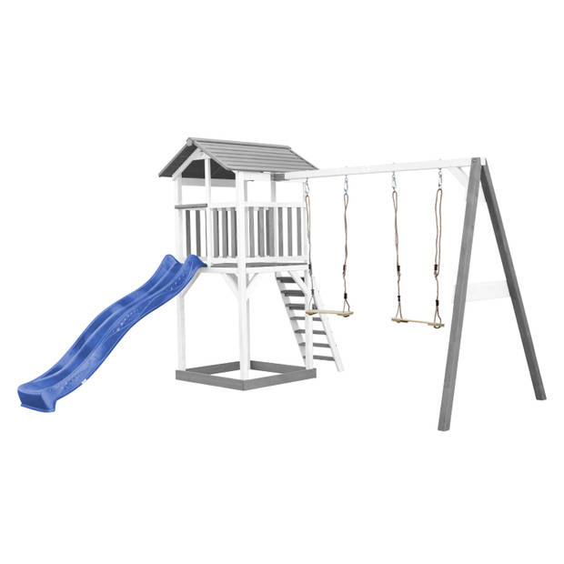 AXI Beach Tower Speeltoestel van hout in Grijs en Wit Speeltoren met zandbak, dubbele schommel en blauwe glijbaan