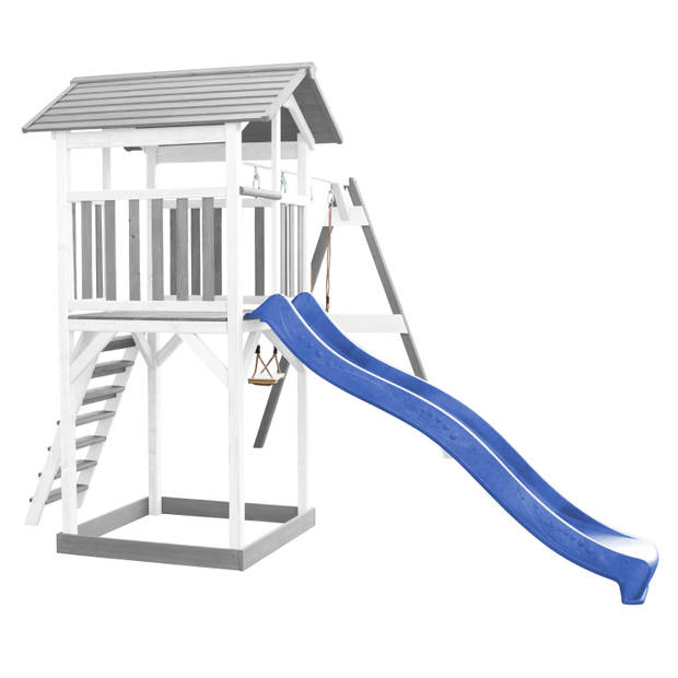 AXI Beach Tower Speeltoestel van hout in Grijs en Wit Speeltoren met zandbak, dubbele schommel en blauwe glijbaan