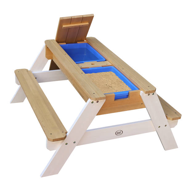 AXI Nick Picknicktafel / Zandtafel / Watertafel voor kinderen in bruin/wit met parasol in blauw/wit Multifunctionele