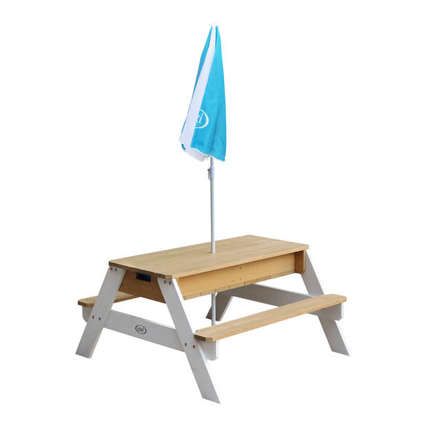 AXI Nick Picknicktafel / Zandtafel / Watertafel voor kinderen in bruin/wit met parasol in blauw/wit Multifunctionele