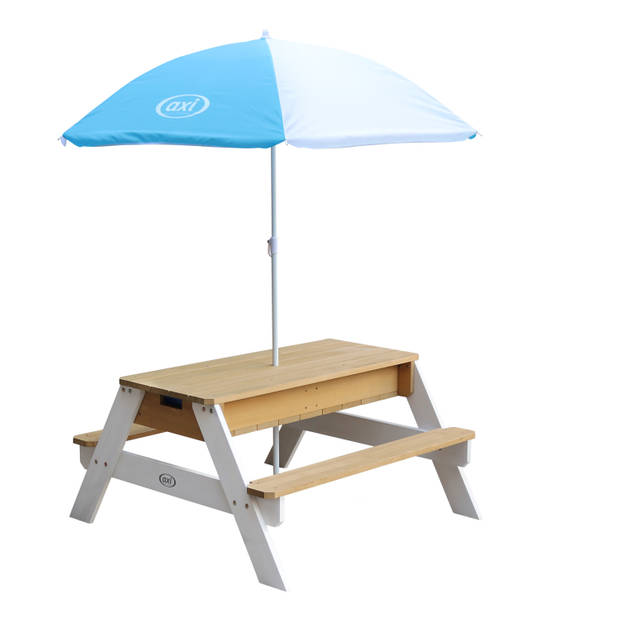 AXI Nick Picknicktafel / Zandtafel / Watertafel voor kinderen in bruin/wit met parasol in blauw/wit Multifunctionele