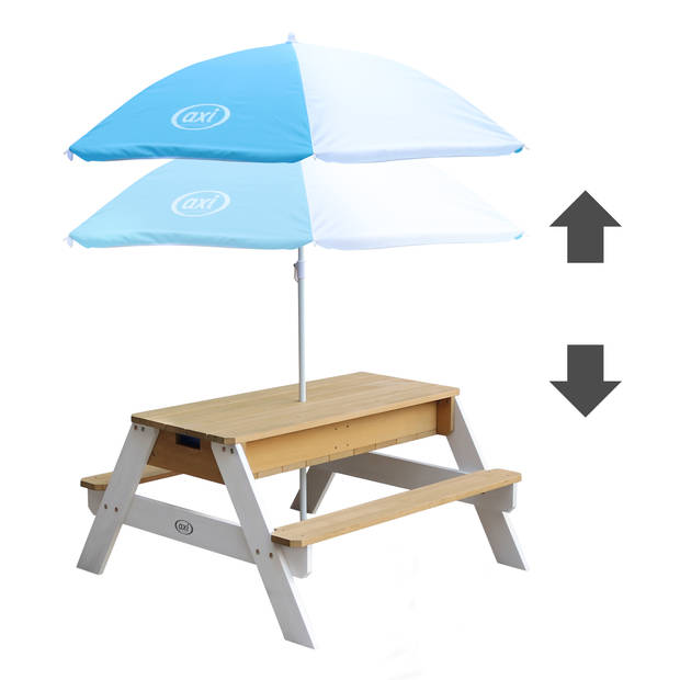 AXI Nick Picknicktafel / Zandtafel / Watertafel voor kinderen in bruin/wit met parasol in blauw/wit Multifunctionele