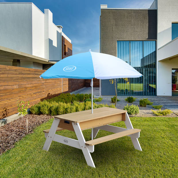 AXI Nick Picknicktafel / Zandtafel / Watertafel voor kinderen in bruin/wit met parasol in blauw/wit Multifunctionele